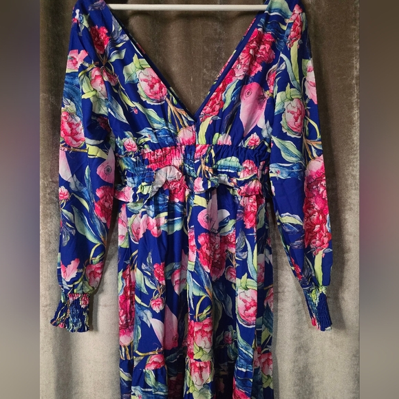 Chicways Floral Deep V Neck Maxi Dress Size Medium Pink And Blue - Picture 7 of 10